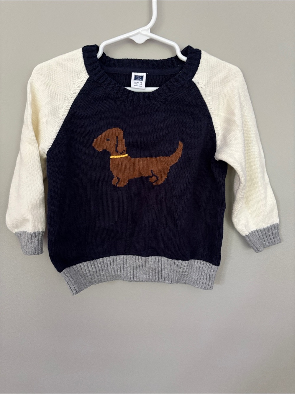 Janie and Jack Navy, Cream & Gray Sweater with Brown Dachshund